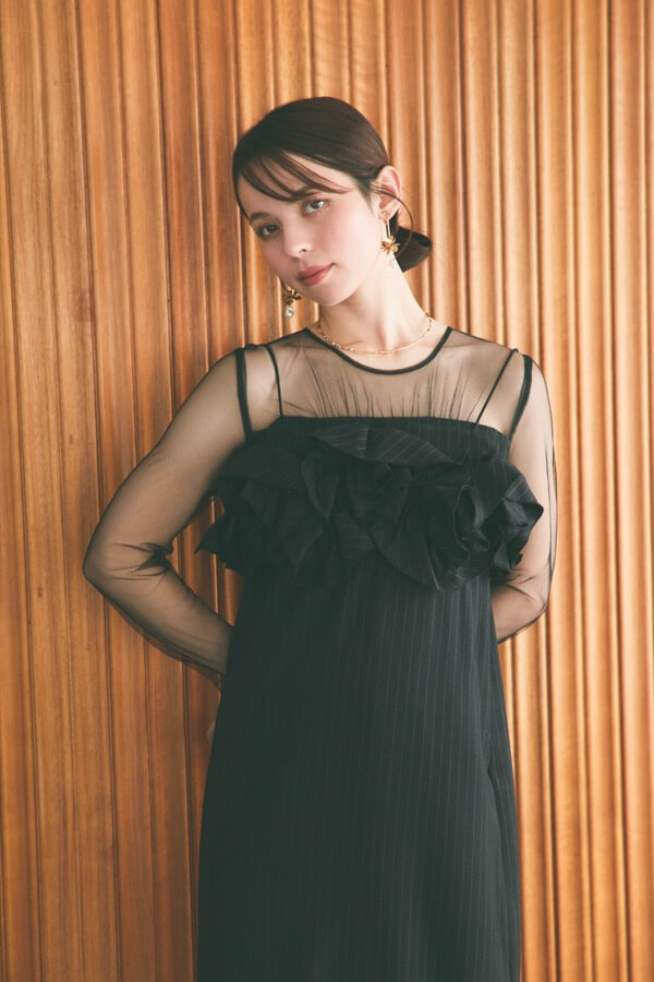 ブラックのフリルビスチェストライプドレス | LE' RURE | M | A-3072