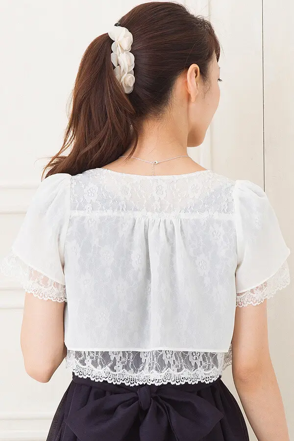 シルバーラメ入りレース×シフォンリバーシブルアイボリーボレロ
