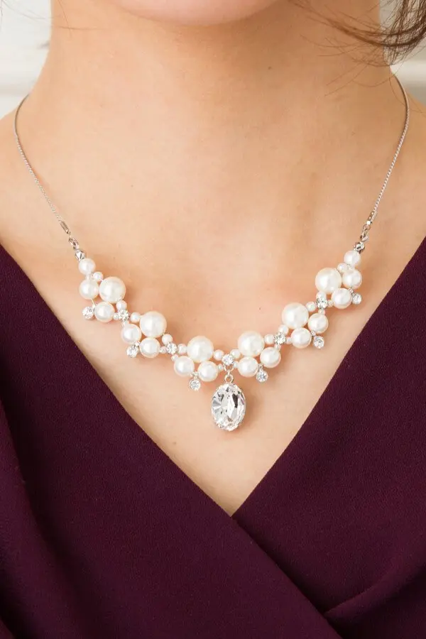 シルバーチェーンオフホワイトパールネックレス | Dx-1467 | 結婚式 