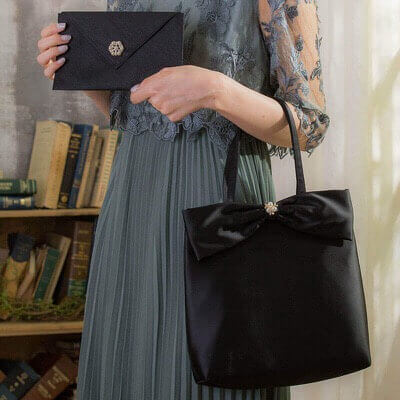 ブラックのリボンサブバッグ×ハンカチ型シャンタン袱紗セットのサムネイル画像