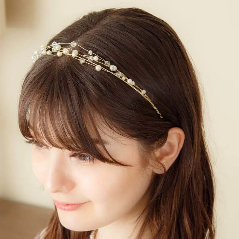 ゴールドのパール×クリアビーズワイヤーカチューシャ | シルバー商会