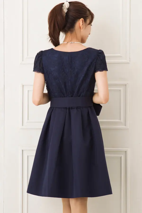 袖あり上身頃レースネイビーミニドレス | REPLETE | L | 結婚式