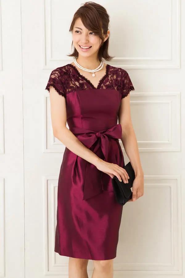 バーガンディ レース パーティードレス バーガンディ ブライダル