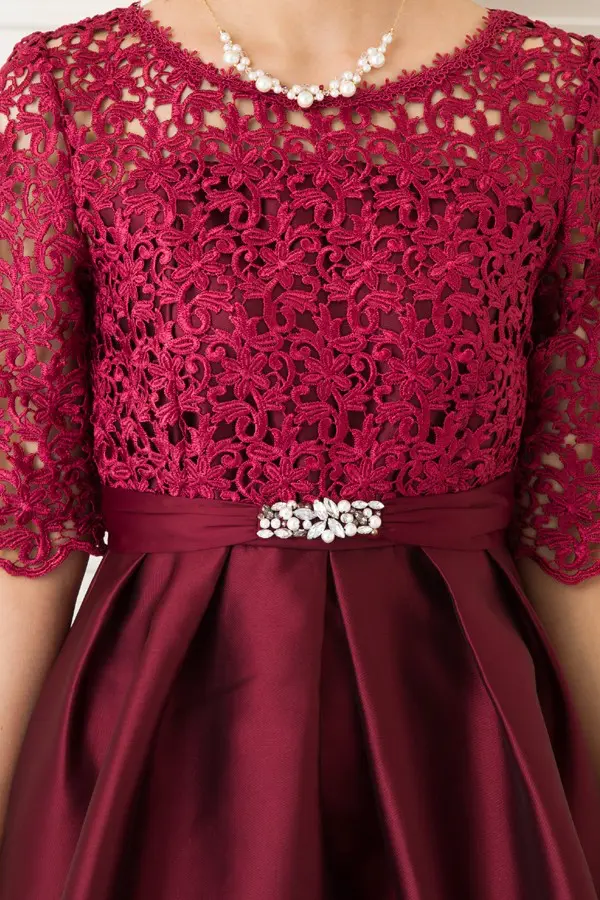 レース切替タックフレア半袖ワインレッドミニドレス | Dorrydoll | M