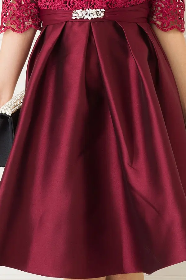 レース切替タックフレア半袖ワインレッドミニドレス | Dorrydoll | M