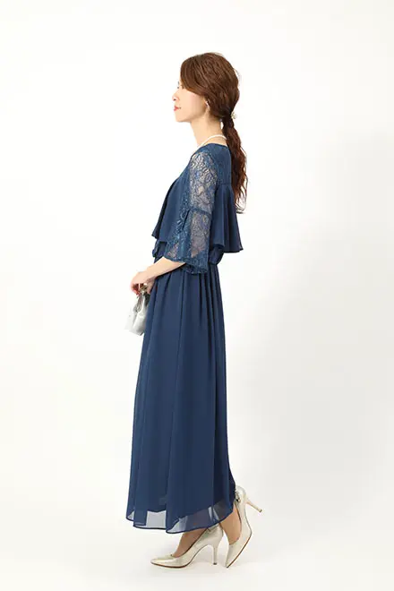 ブルーのレース袖ロングドレス | trattoria | M | 結婚式パーティーの