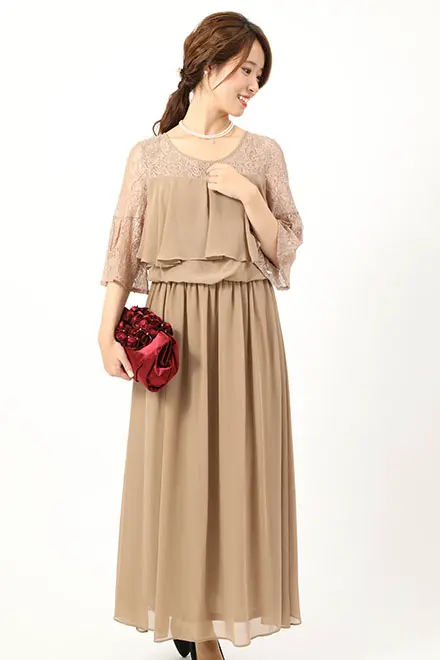 ベージュのレース袖ロングドレス | trattoria | L | 結婚式パーティー