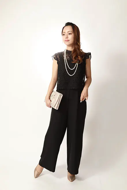 黒のレーストップス付パンツドレス | REPLETE | M | 結婚式