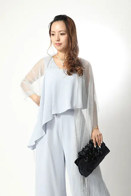 サックスブルーのアシンメトリートップス付パンツドレス | Dorry doll