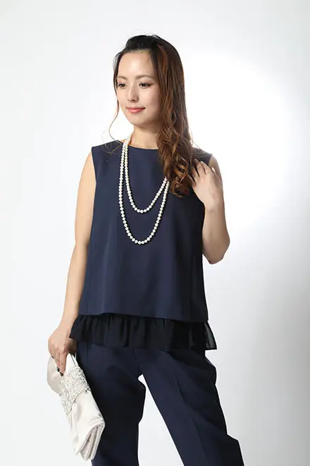 ✨新品✨je super 結婚式 お呼ばれ パンツドレス セットアップ LL ネイビーの裾シフォントップス付きパンツドレス | je super | M | 結婚