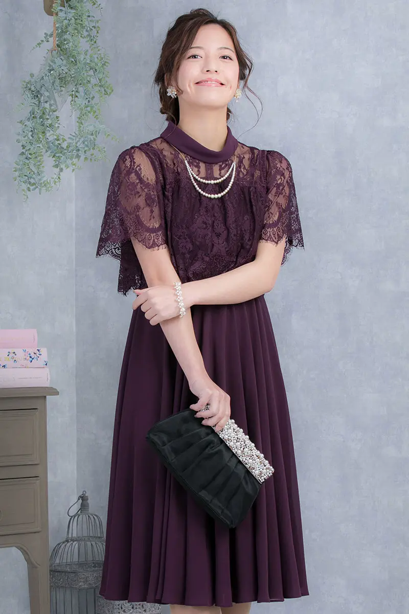 パープルのロールカラー袖つきドレス | Dorry doll | M | 結婚式