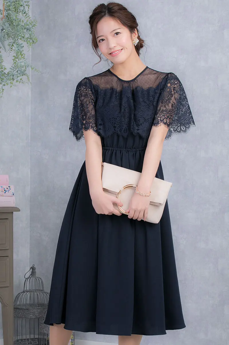 ネイビーのレース×ドットチュールドレス | Sweet As | M | 結婚式  