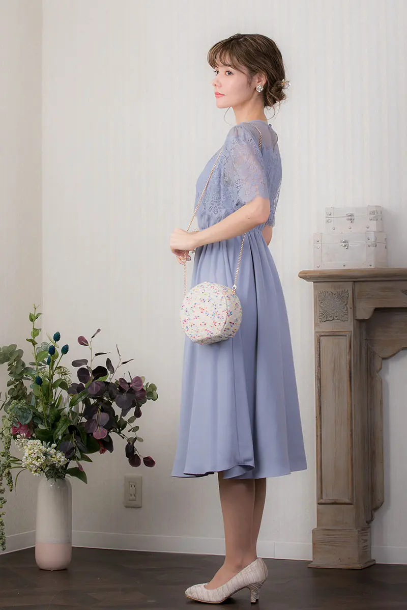 reja ドレス　ブルー サックスブルーのレース×ドットチュールドレス | Sweet As | M