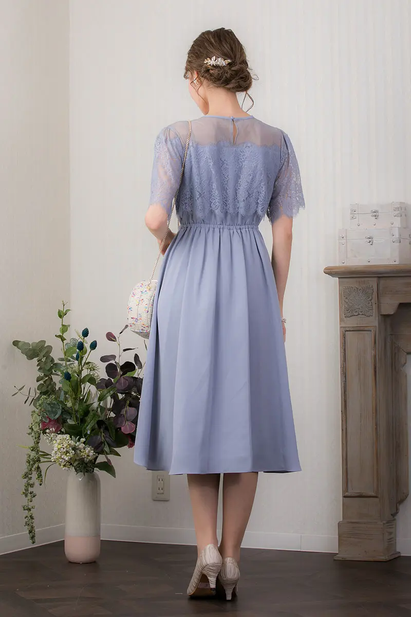 サックスブルーのレース×ドットチュールドレス | Sweet As | M