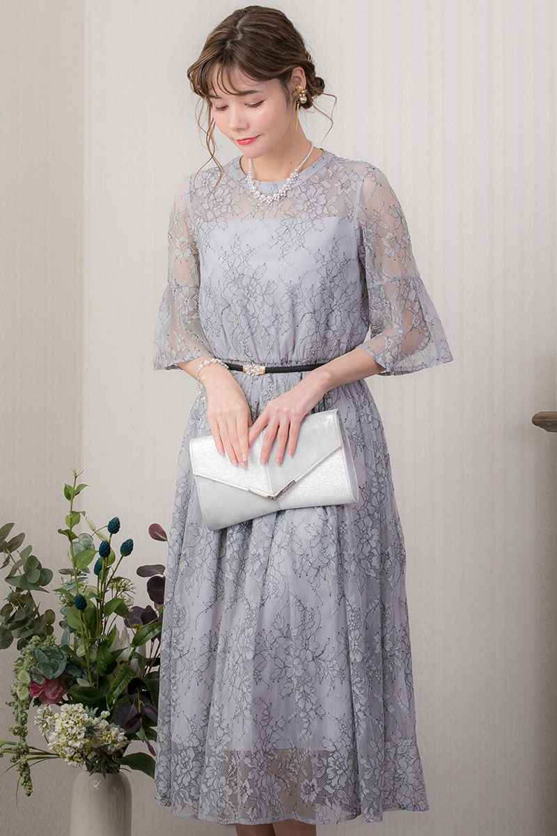 ブルーグレーの配色レース袖付きドレス Brand Trattoria A 2242 M Size レンタルドレスのリリアージュ