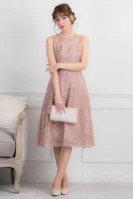 パーティードレス　結婚式　お呼ばれドレス（ベージュ）　Sサイズ ベージュ・グレーの大人パーティドレスレンタルはOTONA DRESS