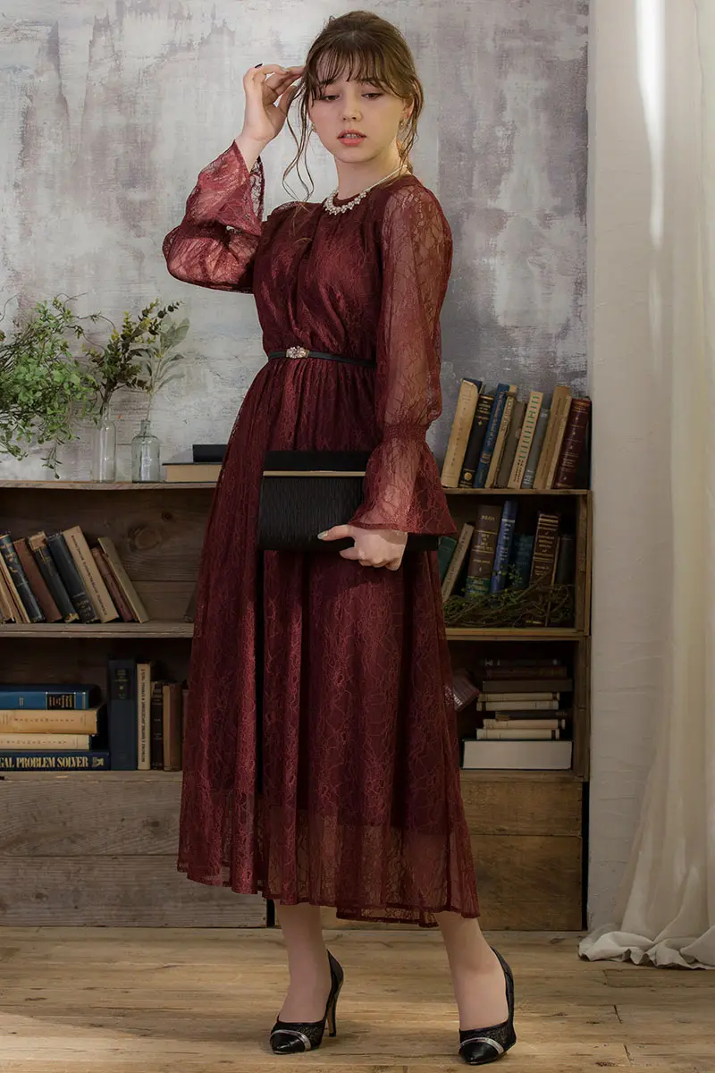 ボルドーの長袖総レースドレス | trattoria | L | 結婚式パーティーの