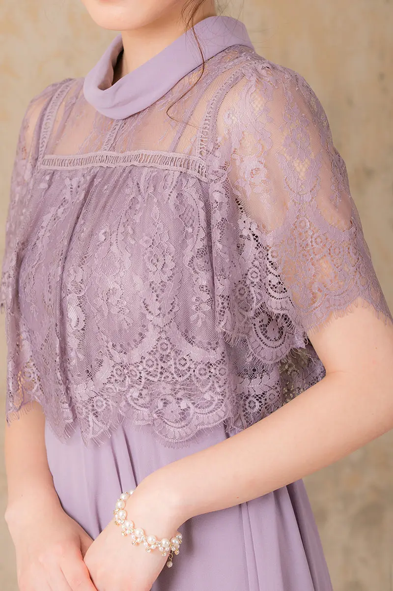 ラベンダー シースルー袖 ミディドレス ラベンダーのロールカラー袖付きドレス | Dorrydoll | 3L | 結婚