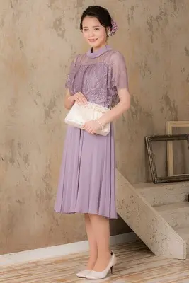 ラベンダー シースルー袖 ミディドレス ラベンダーのロールカラー袖付きドレス | Dorrydoll | 3L | 結婚