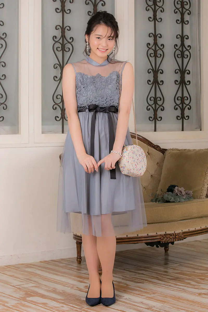 ブルーグレーのレース切替チュールドレス | Placebo | M | 結婚式