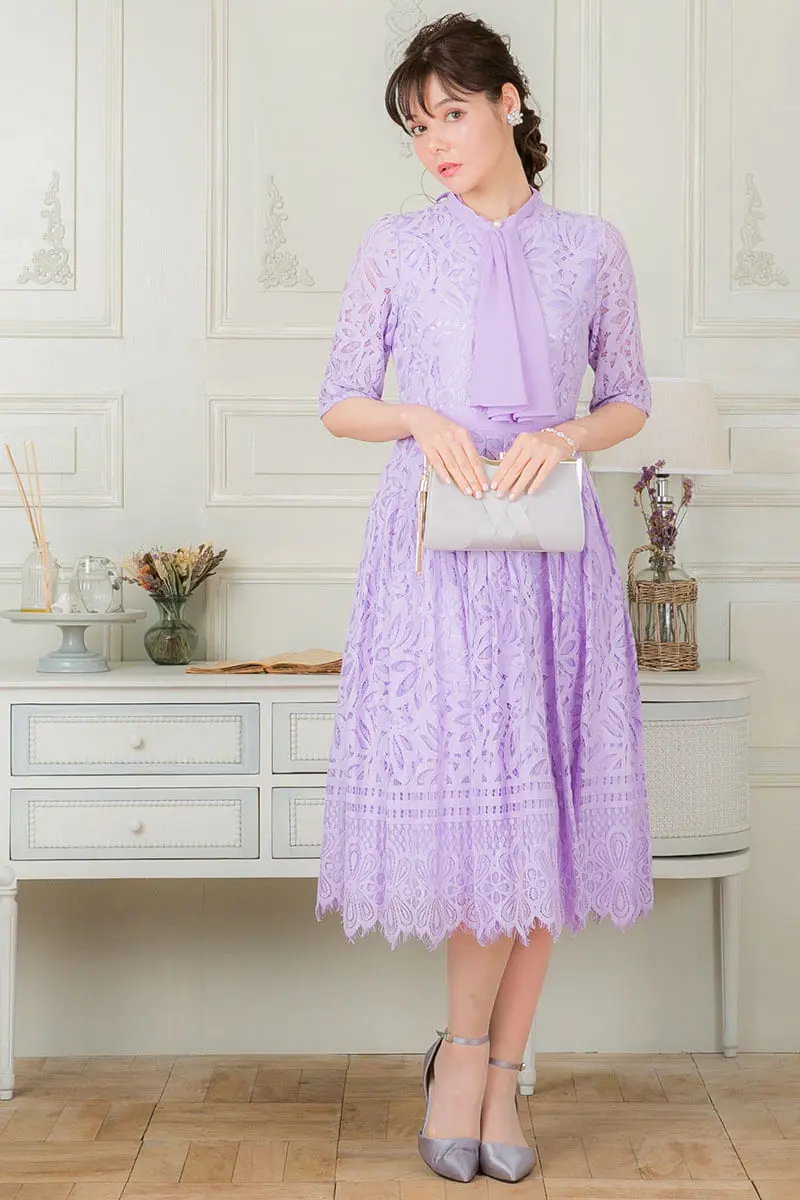 ラベンダーの2wayフロントラッフル付きレースドレス | GIRL | M | 結婚