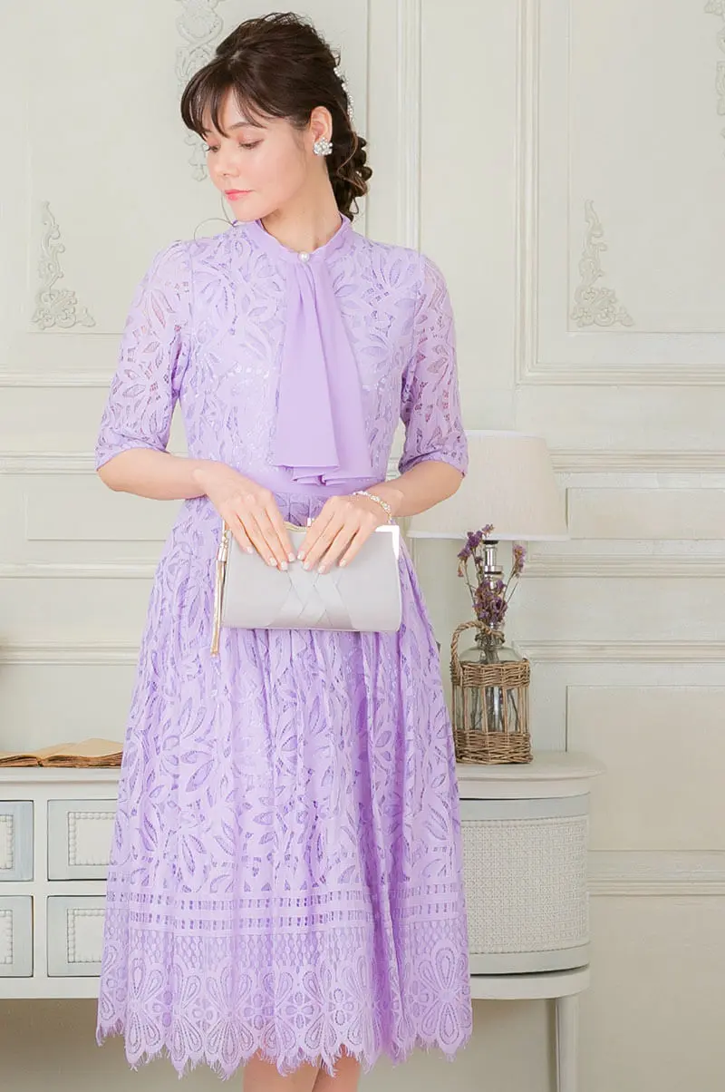 ラベンダーの2wayフロントラッフル付きレースドレス | GIRL | M | 結婚