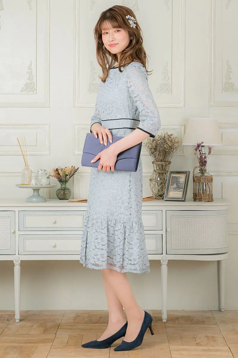 サックスブルーの配色パイピングレースドレス | GIRL | M | 結婚式