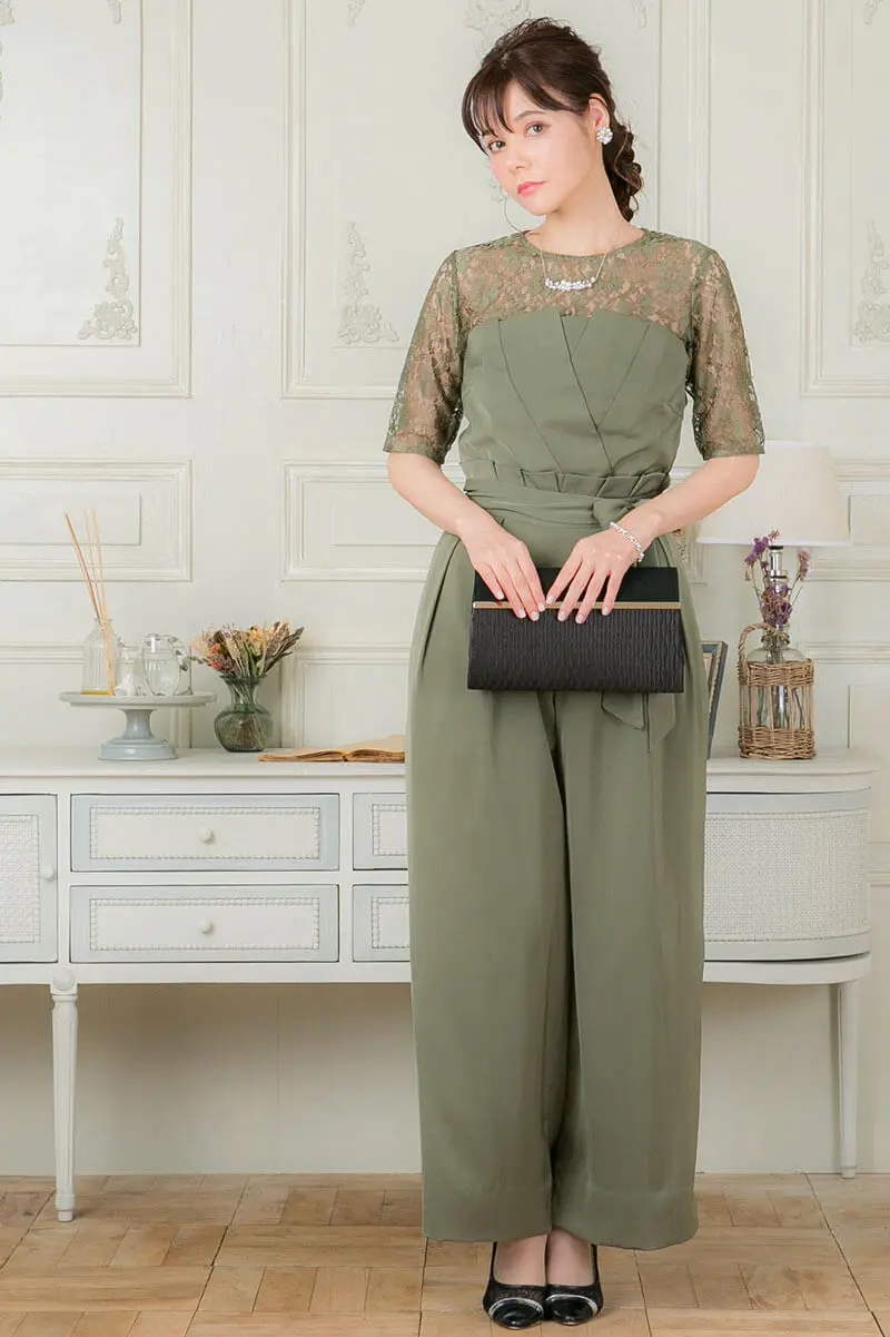 ゴールデンベアー　エレガンスなお袖透けレーススタイル　上品綿素材の可愛いバックもレース素敵ワンピース ミモレ丈ドレス ケープ付き パーティードレス フィッシュ