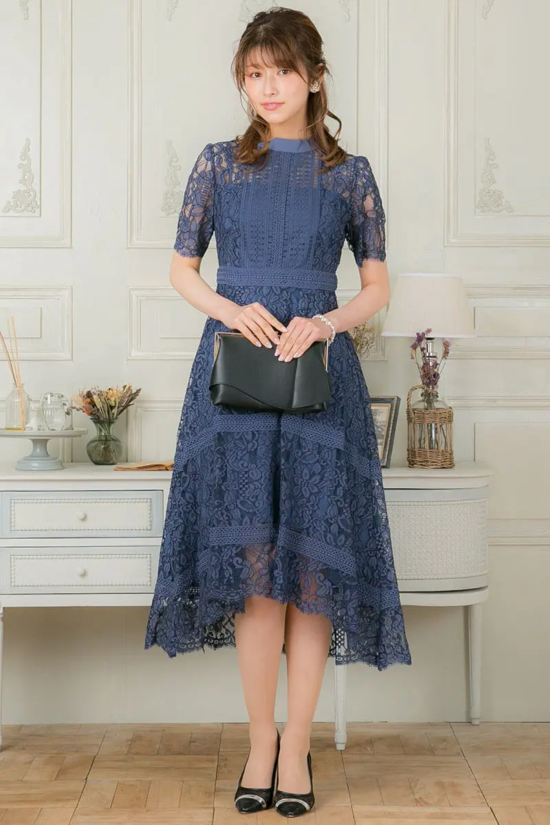 ブルーのスタンドカラー総レースドレス | Dorrydoll | M | 結婚式