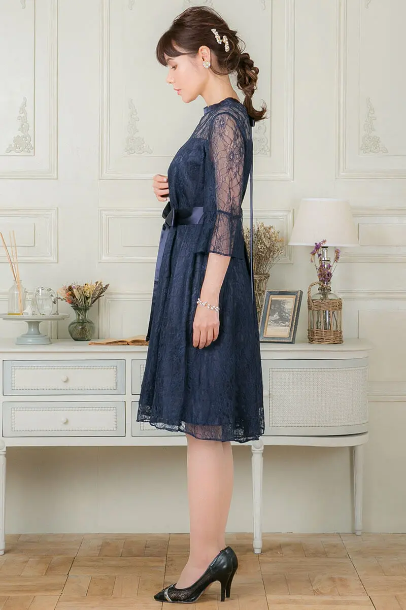 ネイビー レース フレアドレス レースミモレドレス(ネイビー)CR1-335NA-M | OTONA DRESS