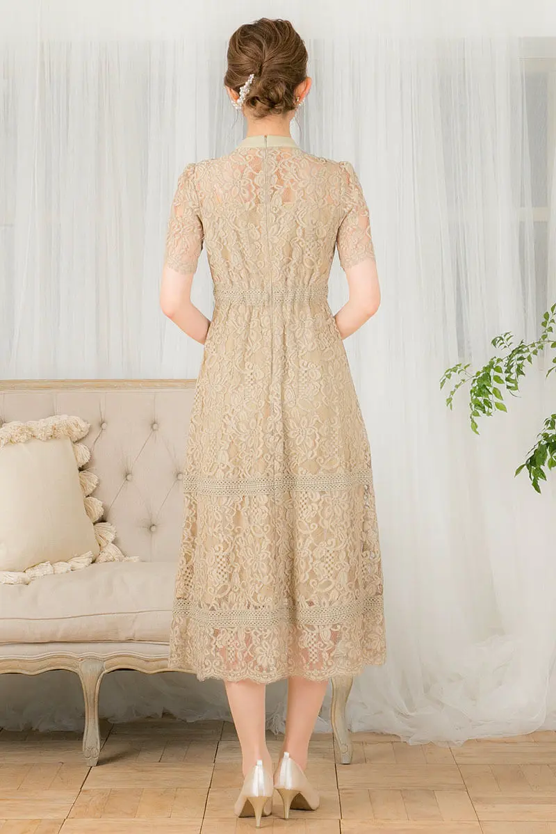 マスタードのスタンドカラー総レースドレス | Dorrydoll | M | 結婚式