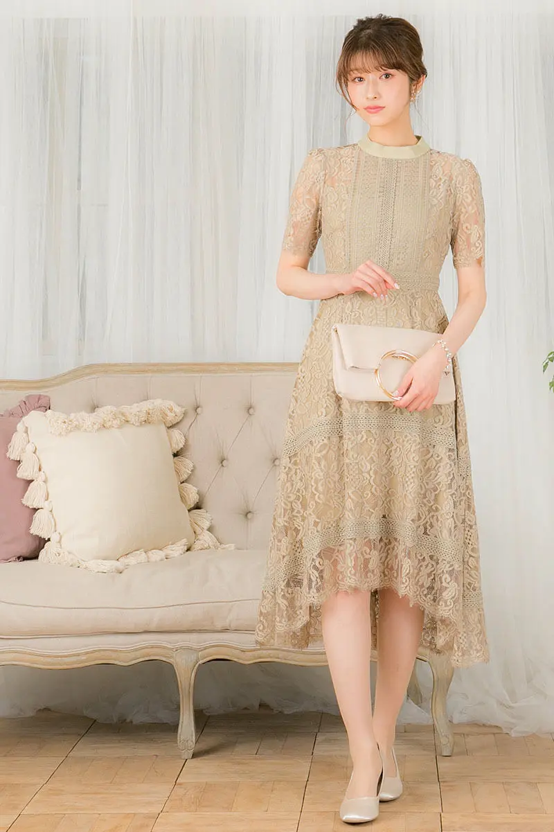 マスタードのスタンドカラー総レースドレス | Dorrydoll | M | 結婚式
