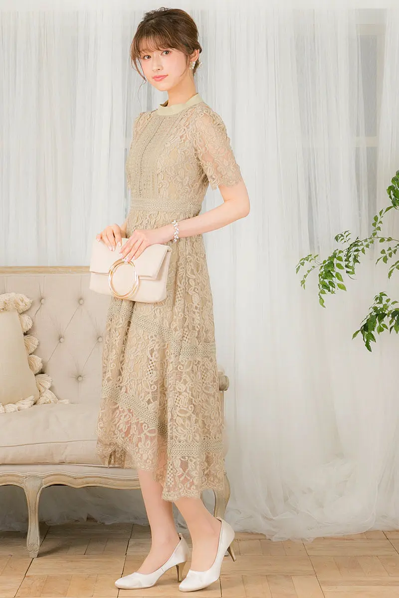 マスタードのスタンドカラー総レースドレス | Dorrydoll | M | 結婚式