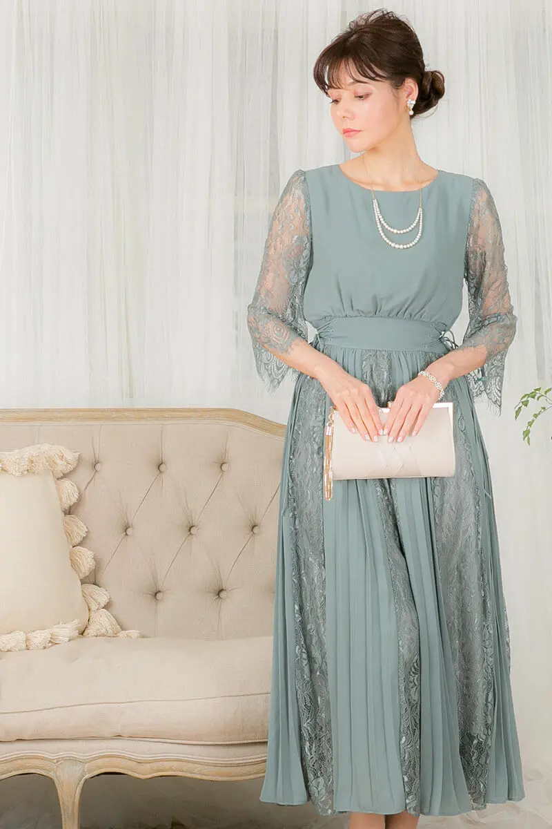 ミントの袖付きサイド編み上げレース×プリーツドレス | GIRL | M