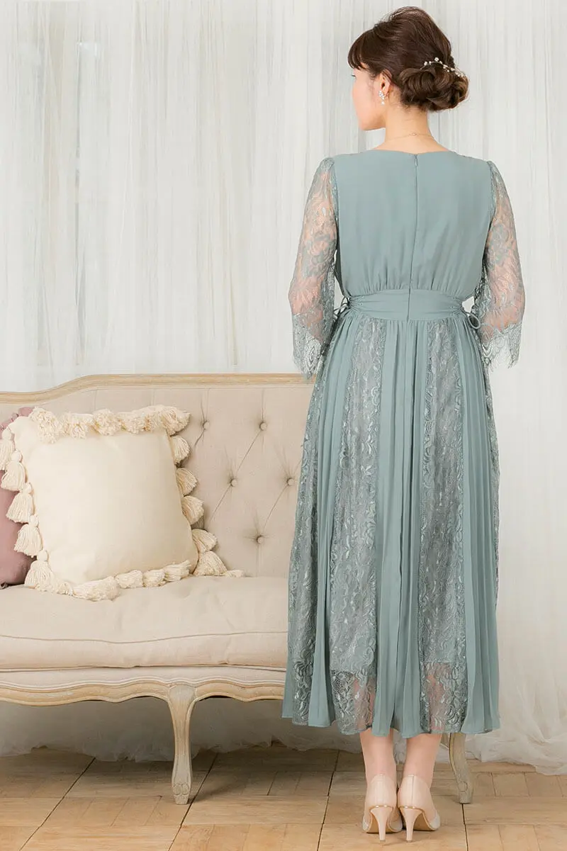 ミントの袖付きサイド編み上げレース×プリーツドレス | GIRL | M