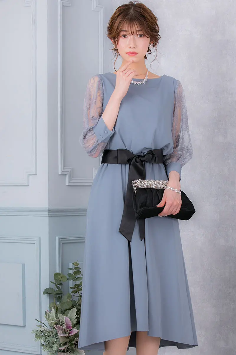 ブルーグレーのリボン付きレース袖ドレス | placebo | S | 結婚式  