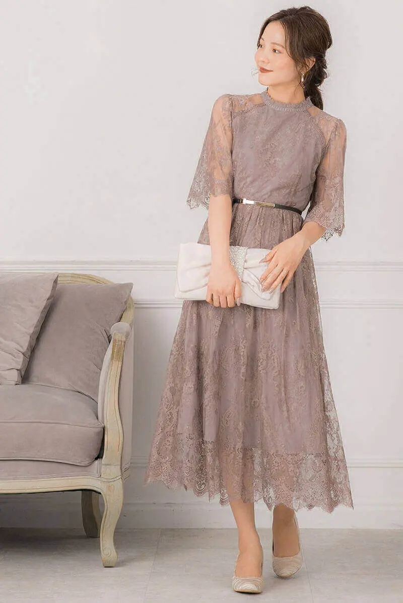 アーミーカーキのハイネック5分袖総レースドレス | Dorrydoll アーミーカーキのハイネック5分袖総レースドレス | Dorrydoll