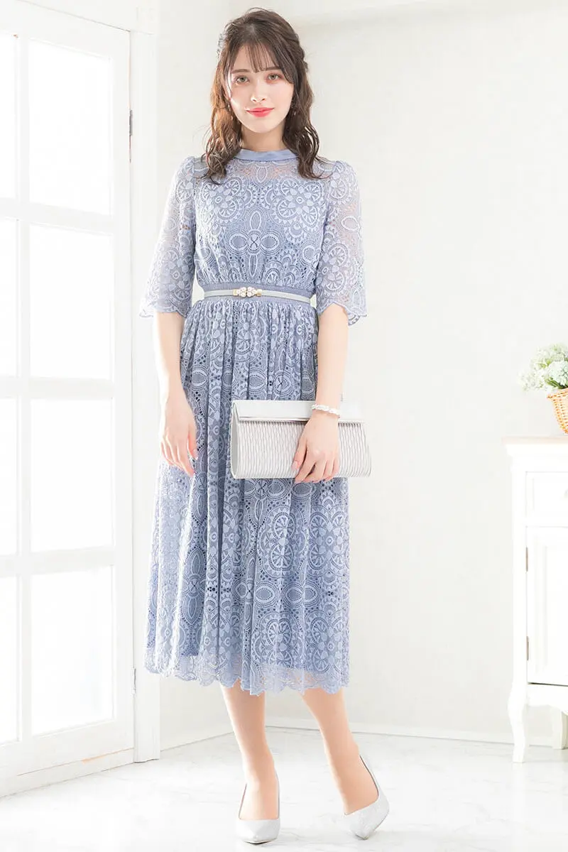 ブルーグレーの袖つきヴィンテージレースドレス | Dorrydoll | L