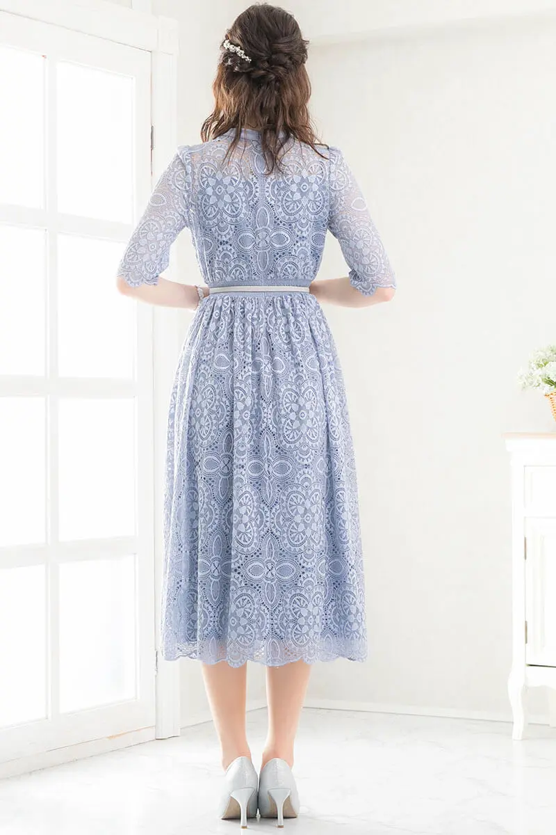 ブルーグレーの袖つきヴィンテージレースドレス | Dorrydoll | L