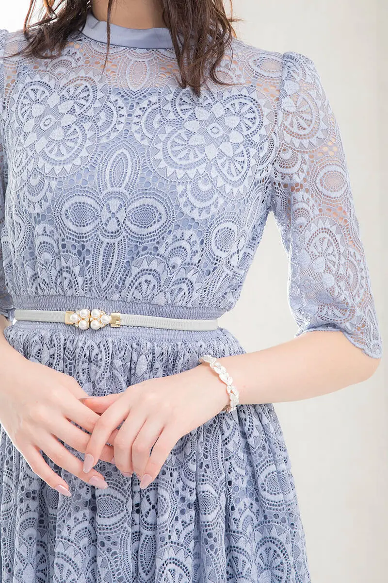 ブルーグレーの袖つきヴィンテージレースドレス | Dorrydoll | L