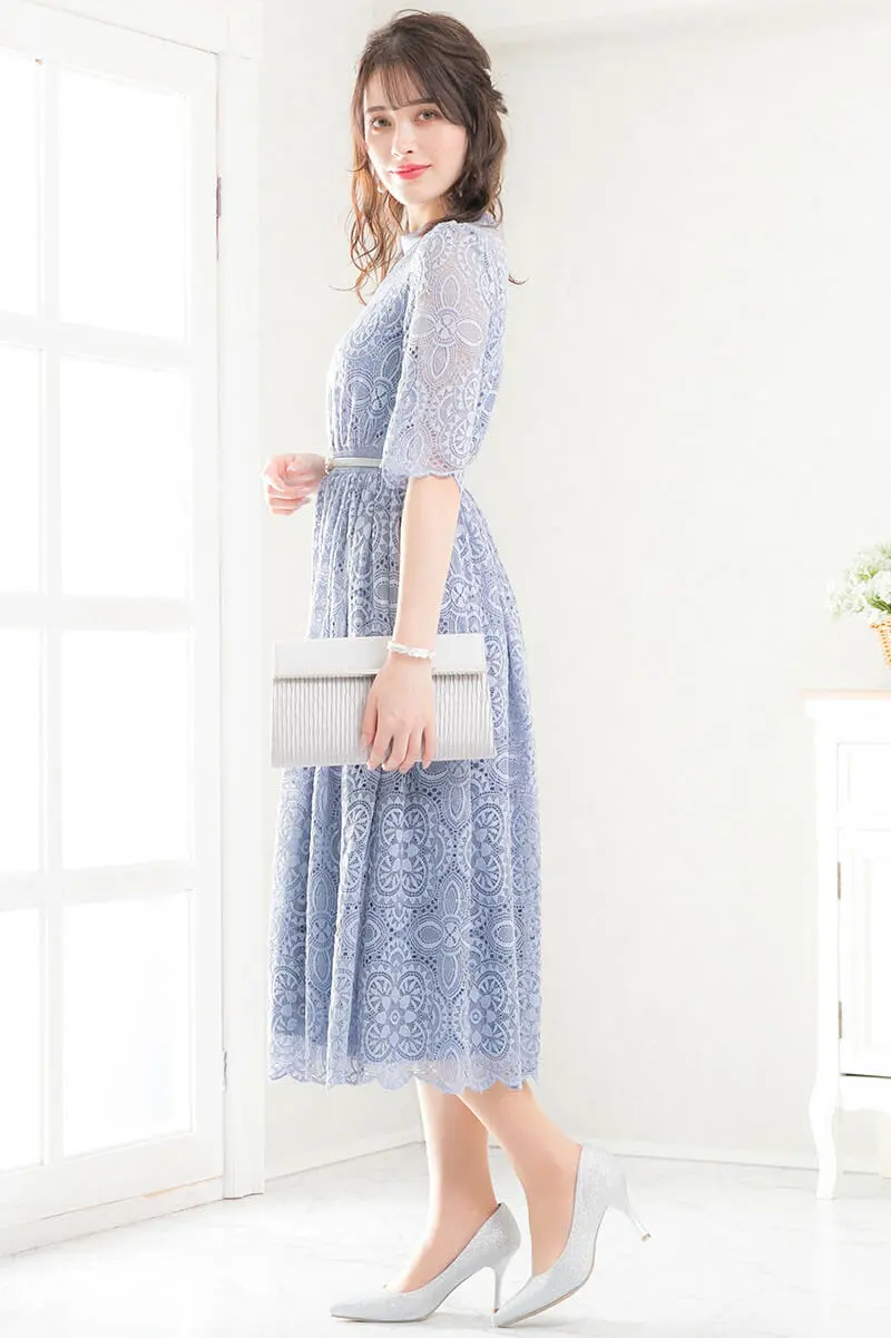 ブルーグレーの袖つきヴィンテージレースドレス | Dorrydoll | L