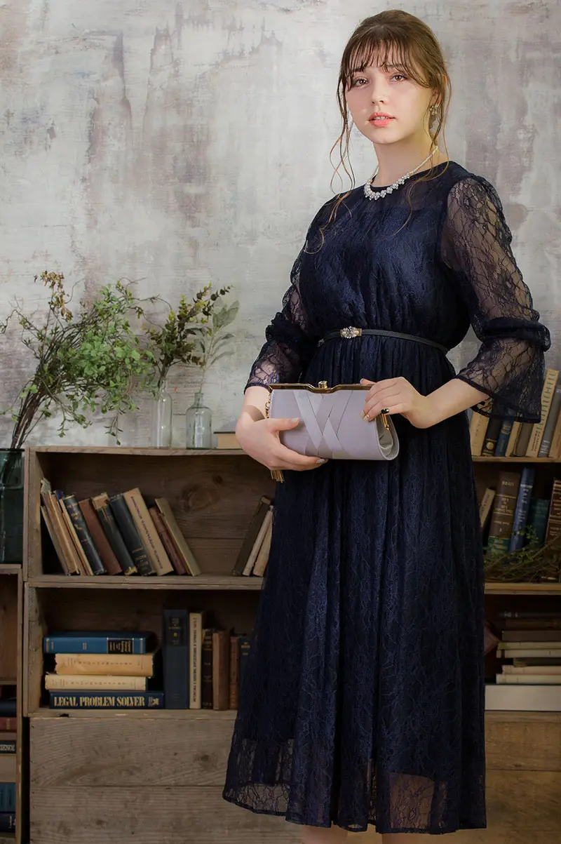 新品✨23区【APPLAUDIR】レース切替ドレス長袖結婚式ネイビー