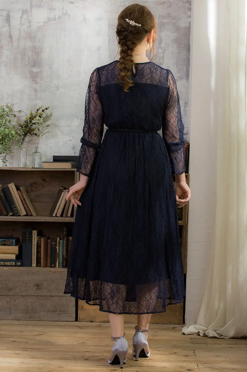 ネイビーの長袖総レースドレス | trattoria | S | 結婚式パーティーの