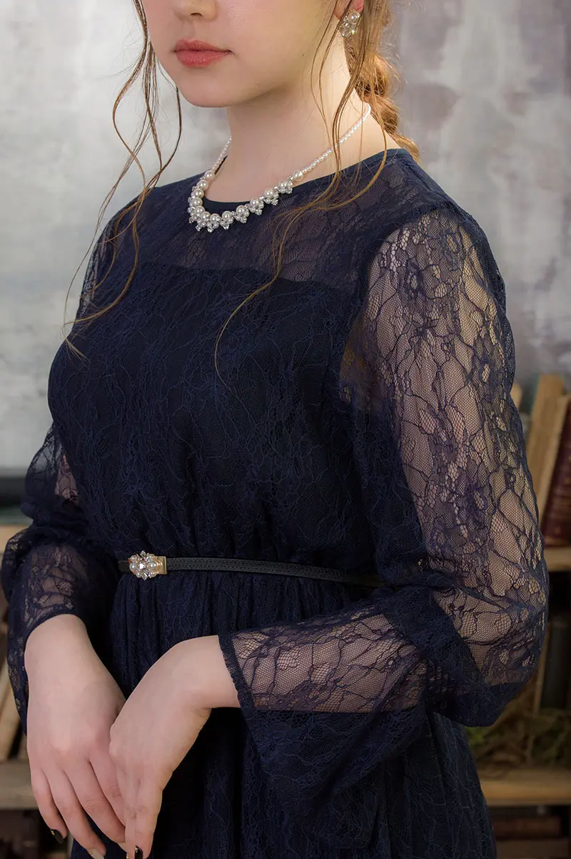 ネイビーの長袖総レースドレス | trattoria | S | 結婚式パーティーの
