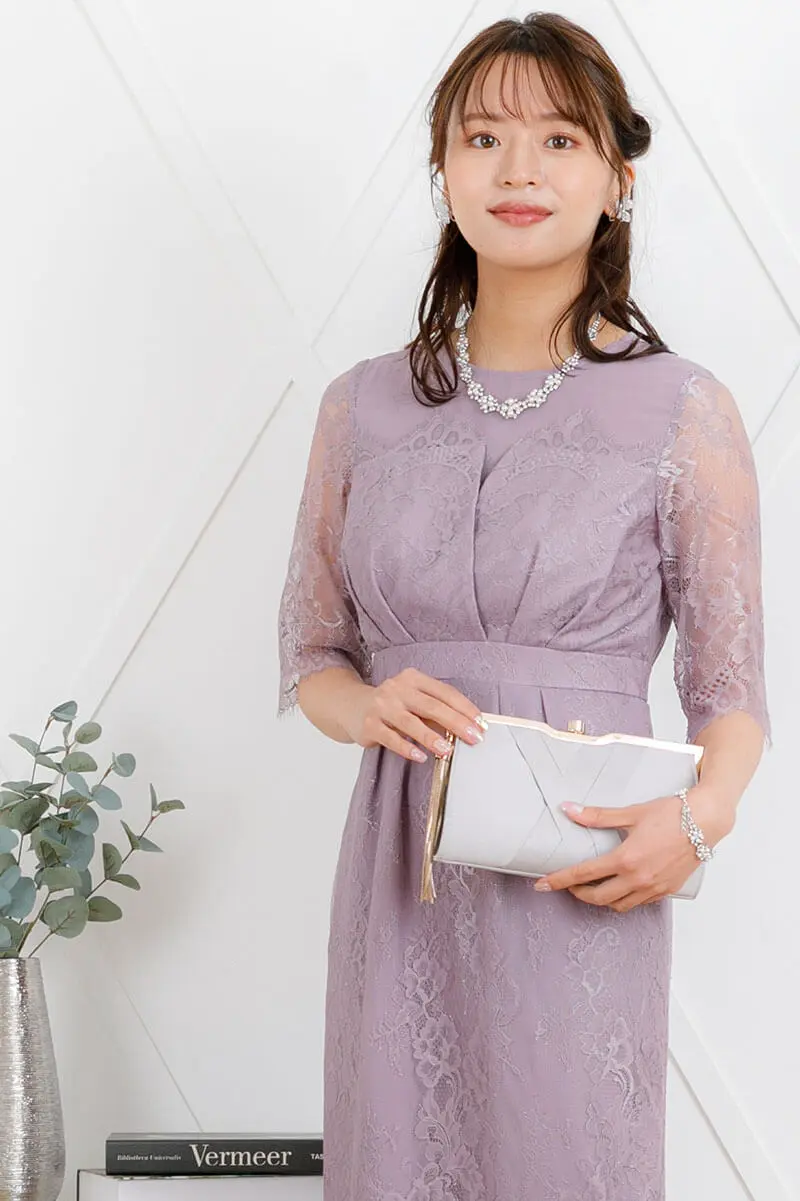 未使用タグ付き✨大きいLLサイズ プリーツ×レース 7分袖ドレス ラベンダー ダークラベンダーの袖つき総レースIラインドレス | Dorrydoll | M