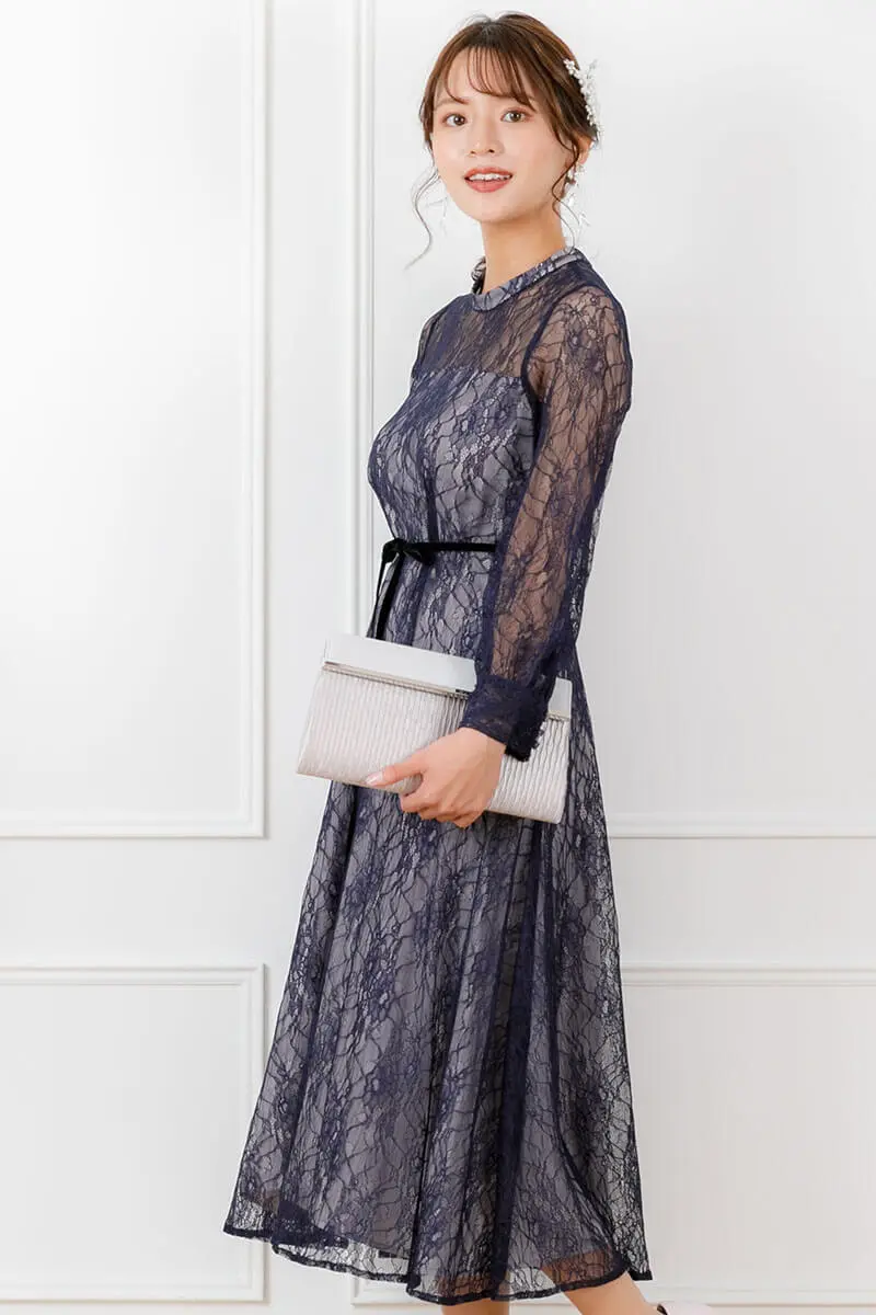 ネイビーの袖付きシアーレースドレス | Iam | M | 結婚式パーティー