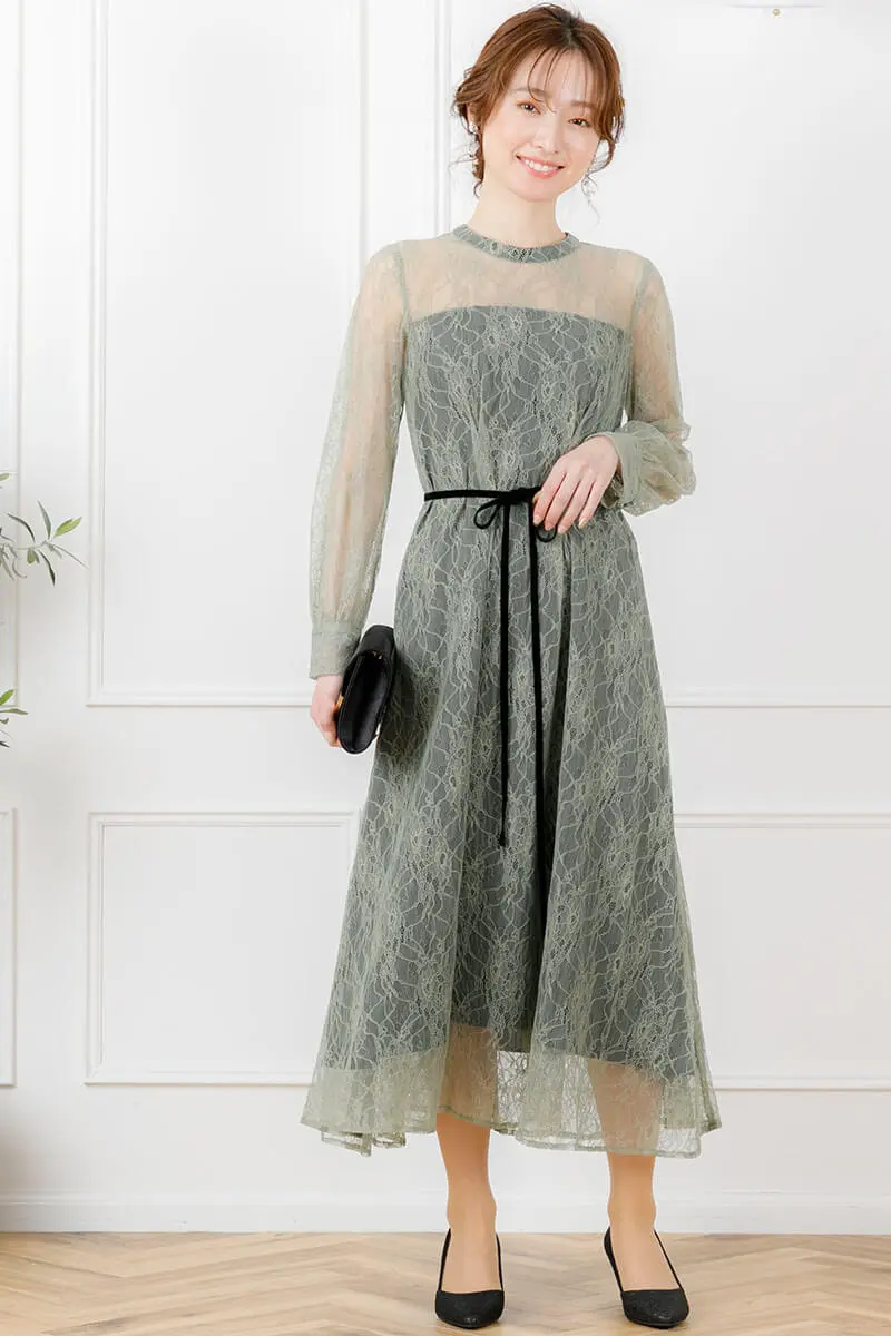 GINZA COUTURE ライトグリーンサテンパーティードレス ライトグリーンの袖付きシアーレースドレス | Iam | M | 結婚式