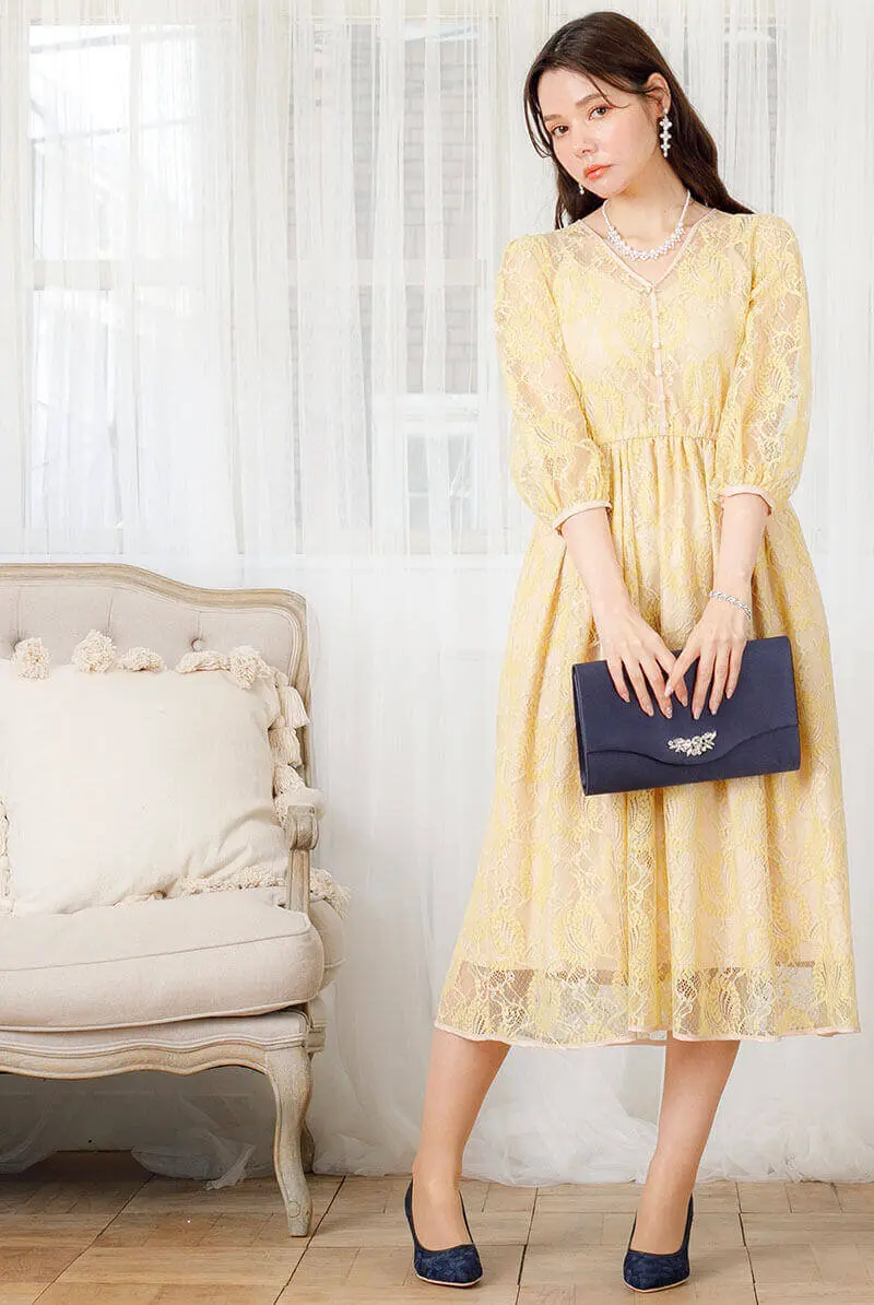 イエローのパイピングレースドレス | プラシーボ | M | 結婚式