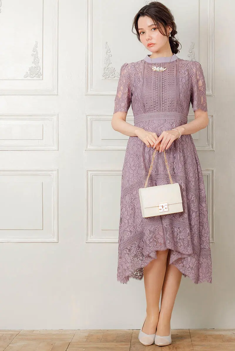ラベンダーのスタンドカラー総レースドレス | Dorrydoll | M | 結婚式  