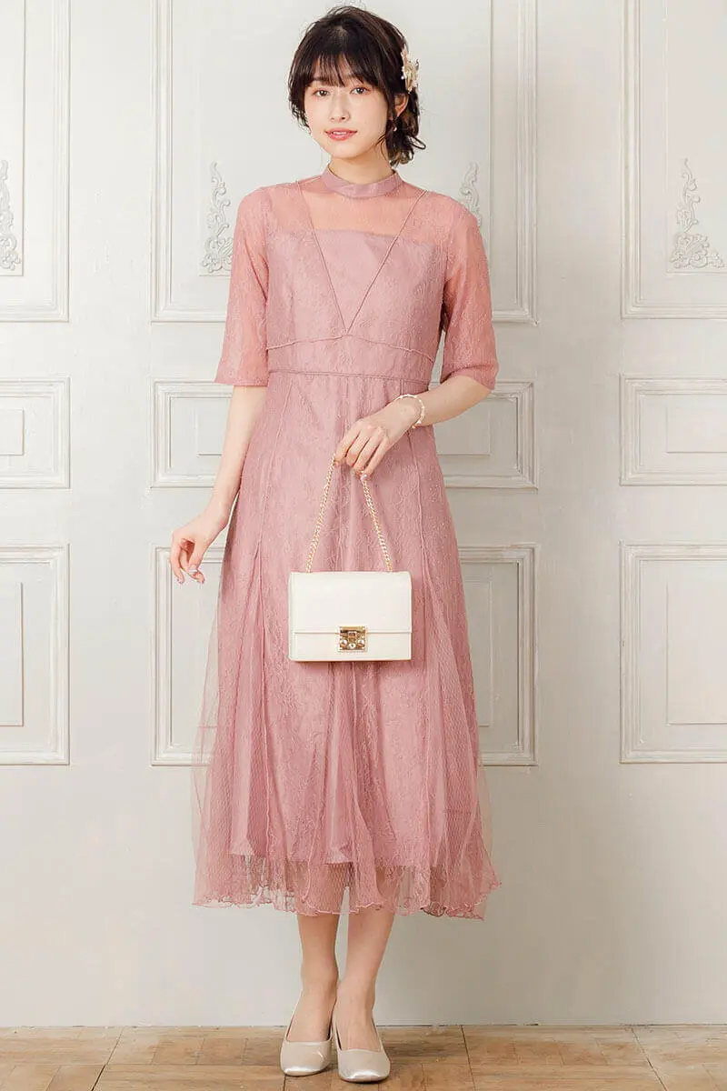モーブピンクのVラインレースドレス | Pour Vous | M | 結婚式